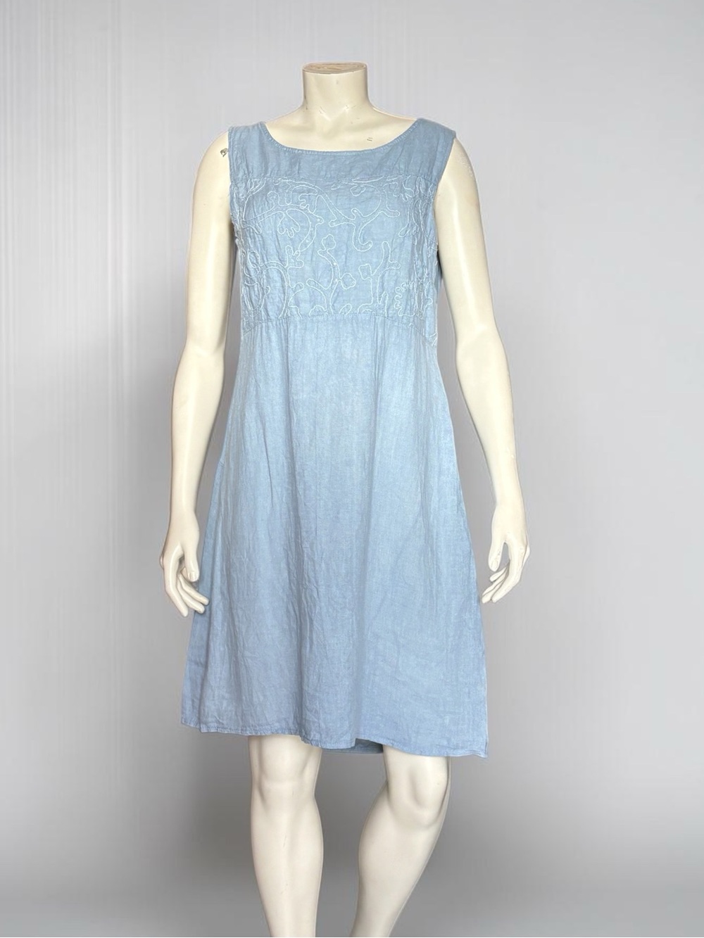 100% Linen Lina Tomie Crew Neck Sequin Embroidered Midi Dress Size Medium Blue